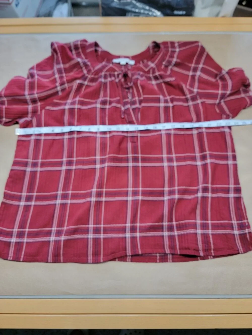 Loft Size XL Burgundy , White and Blue Plaid Split Neck Puffed Sleeve Blouse